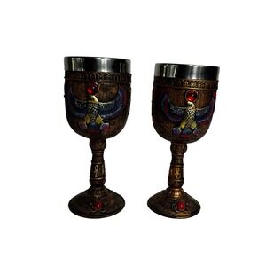 Egyptian Goblets‎ Set of 2 Pacific Giftware Wine Chalice Ankh Winged Goddess